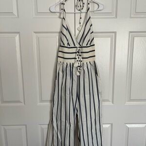 VENUS White and Blue Striped Halter Jumpsuit